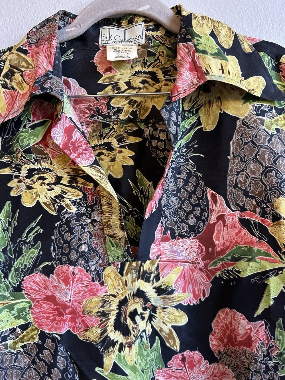 Vintage 100% Silk Blouse L Floral Pineapple Retro Secretary Boho Old Money 1970s